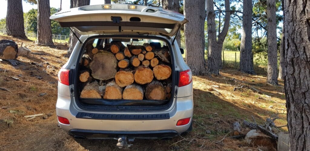 SUV with tailgate open, fully loaded with small and big chunks of wood