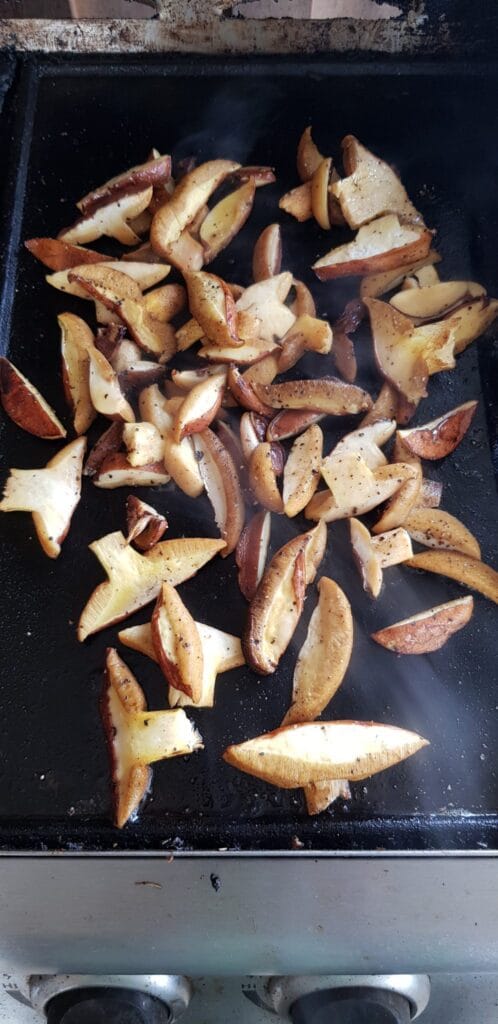 Chopped up mushrooms on the BBQ tray