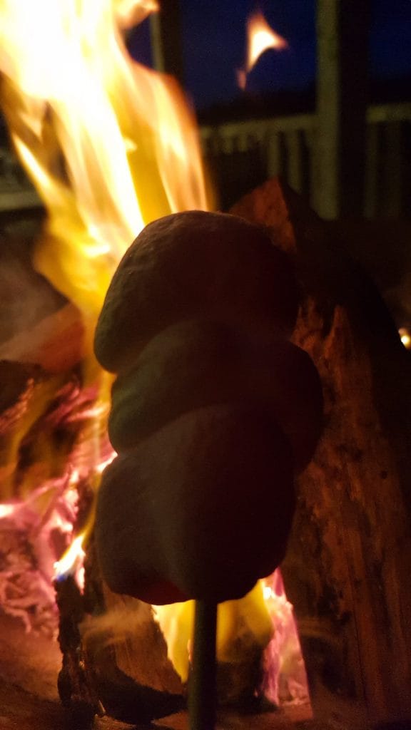 A closeup of a stick with 3 puffed up marshmallows, fire in the background