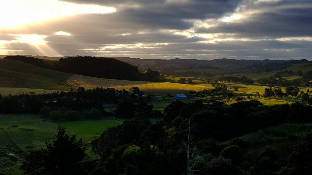 Dark skies at sunset with a view across the Kaipara valley