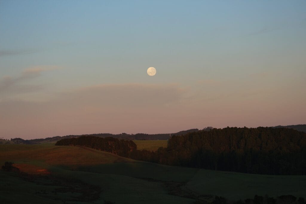 Full moon over the hazy horizon over green hill.