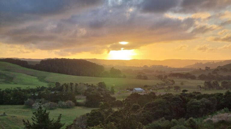 Sunset over green hills